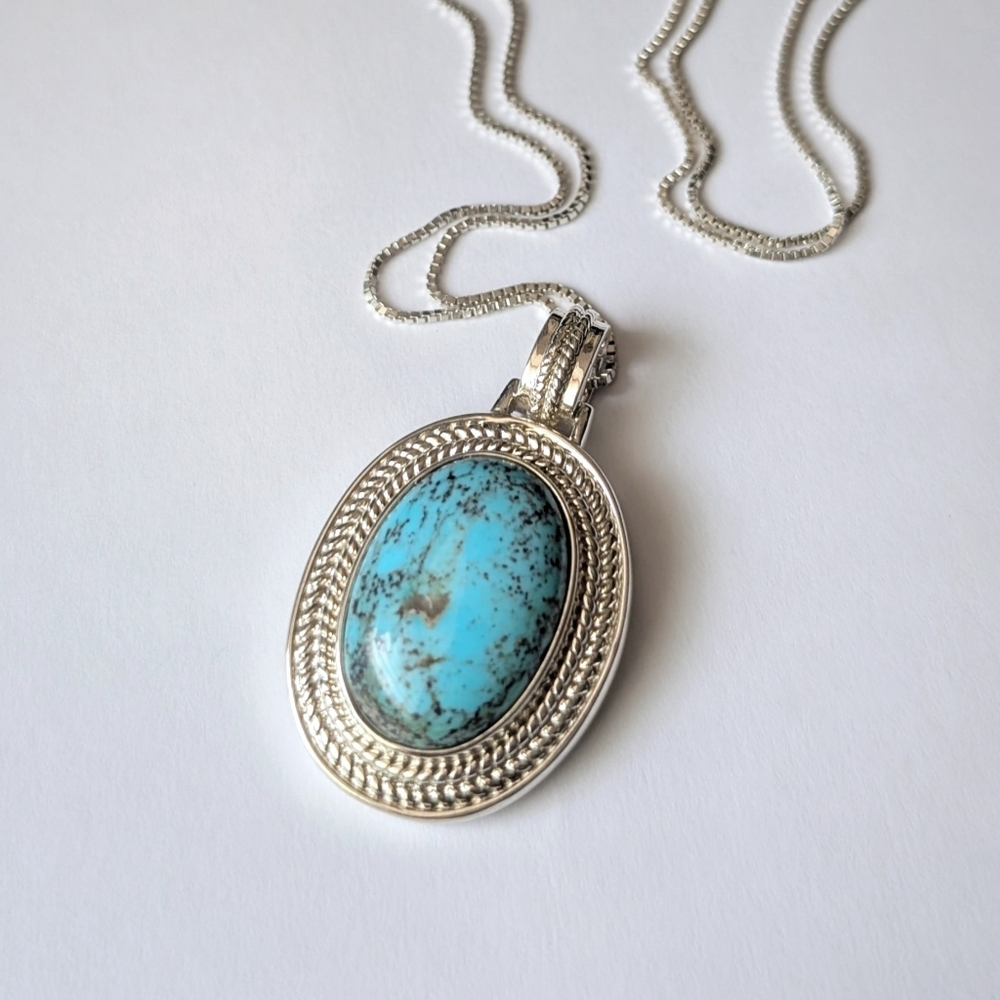 Whitney Kelly Turquoise Pendant Sterling Silver Necklace Floral Etched 925 WK